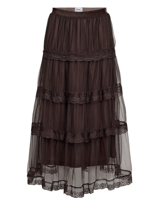 A dark brown tiered tulle skirt with lace ruffles and a matching waistband, shown against a plain white background.