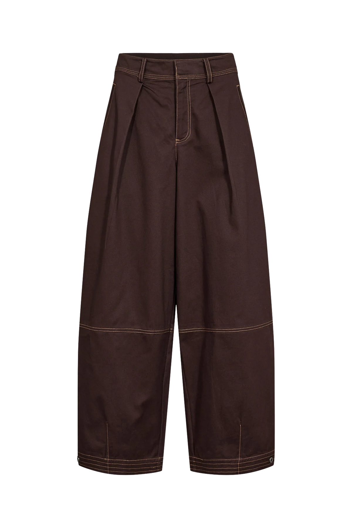 A pair of dark brown wide-leg cropped pants with pleated front detailing and contrasting light brown stitching, shown against a plain white background.