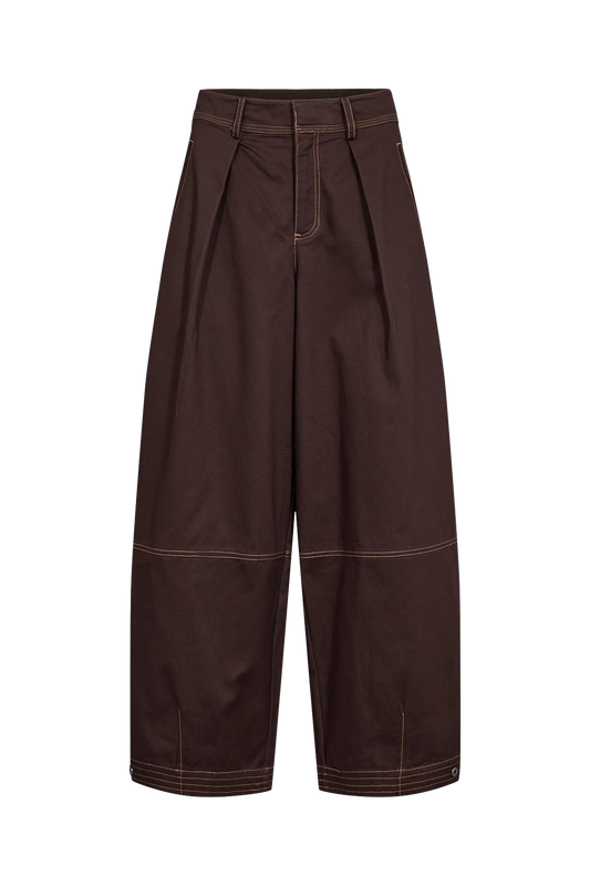 A pair of dark brown wide-leg cropped pants with pleated front detailing and contrasting light brown stitching, shown against a plain white background.
