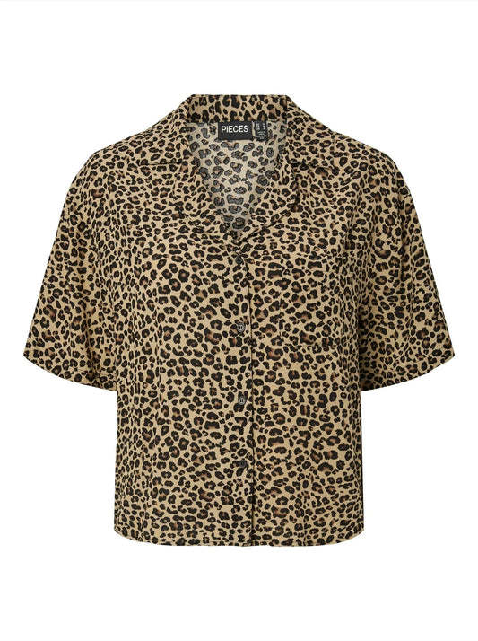Leopard print shirt with 'PIECES' label on a white background