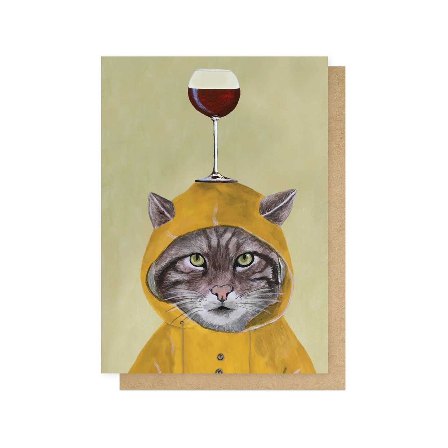 Raincoat Cat With Wineglass Greetings Card