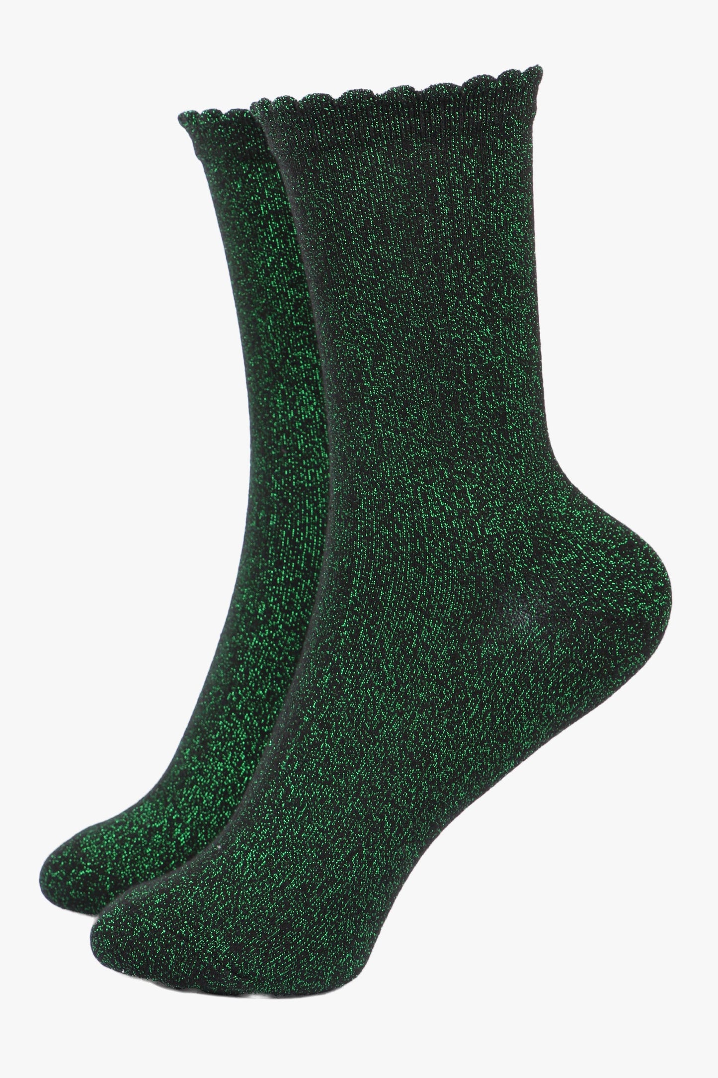 Black Bright Green Glitter Socks with Scalloped Cuff
