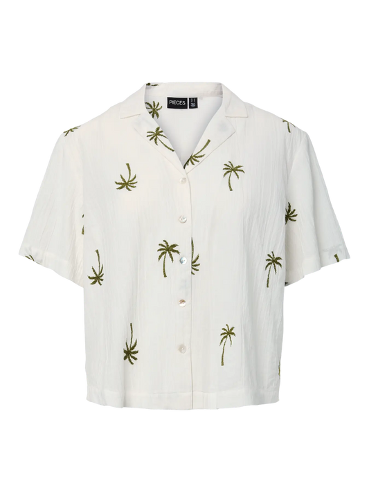 PCKiana SS Embroidery Shirt WVN BC - Cloud Dancer/Chile emb