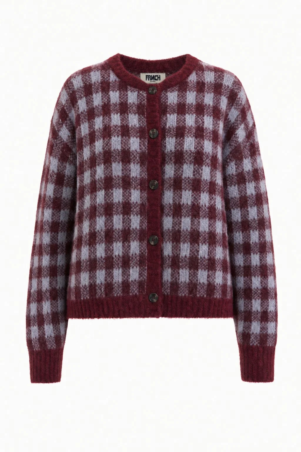 A maroon and light gray checkered knit cardigan sweater with dark buttons, displayed on a clean white background.