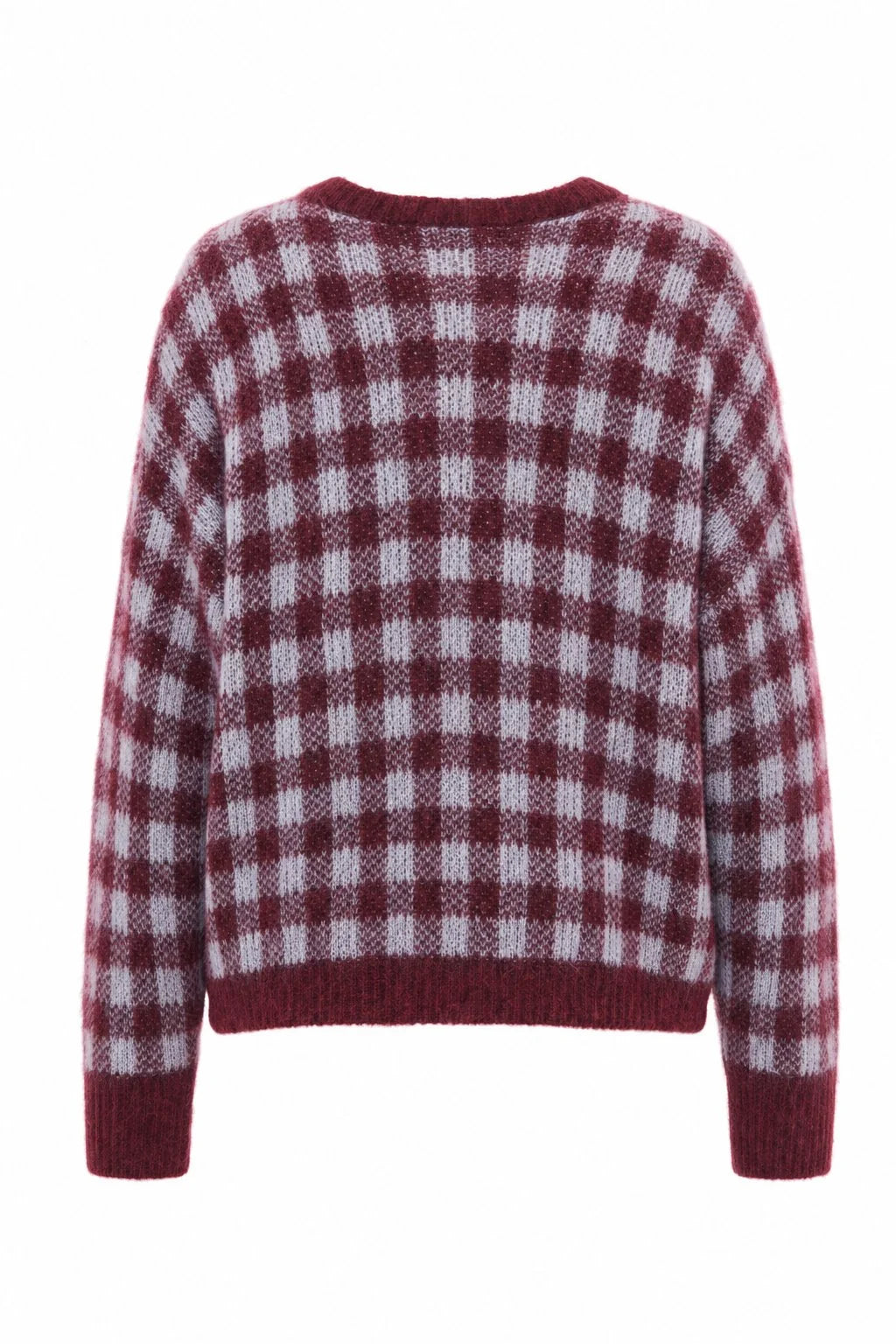 A long-sleeve knit sweater with a burgundy and white gingham check pattern, shown from the back against a plain white background.