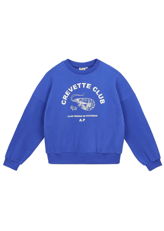 Blue sweatshirt with 'Crevette Club' logo on a light gray background
