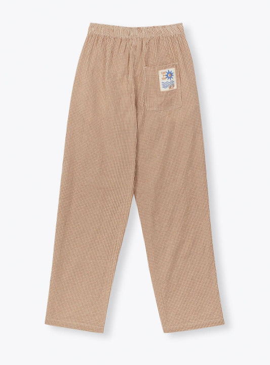 Beige pants with a small logo on a white background