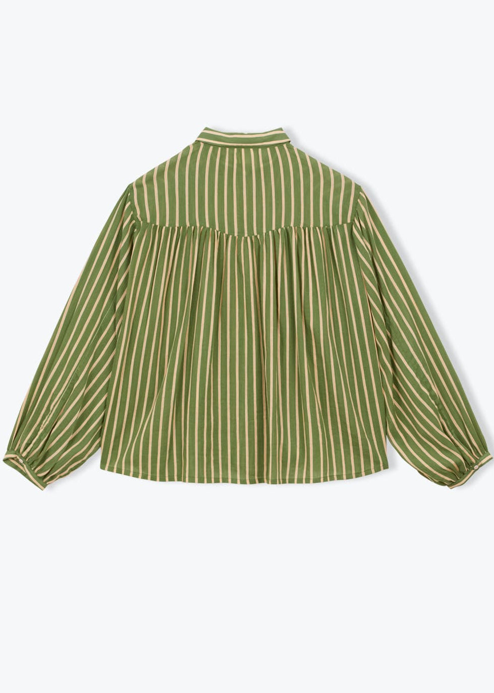 Green and beige striped shirt on a white background