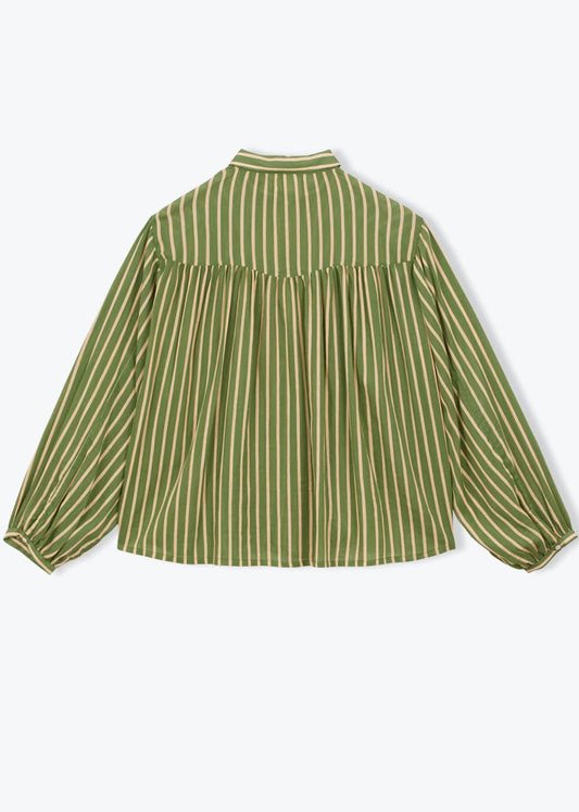 Green and beige striped shirt on a white background