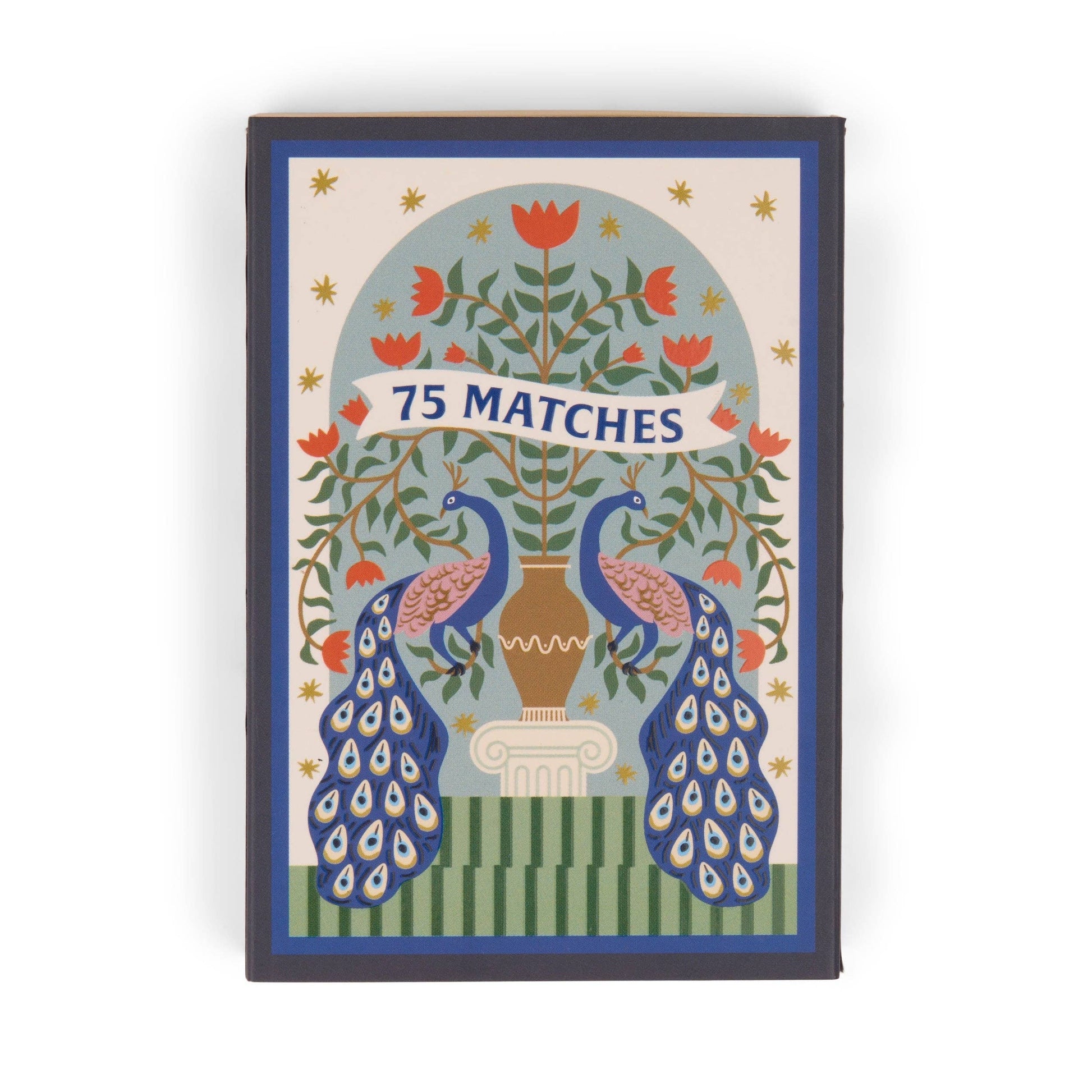 Matches box with peacock design and '75 Matches' text on a white background