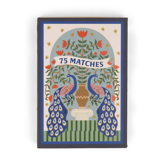 Matches box with peacock design and '75 Matches' text on a white background