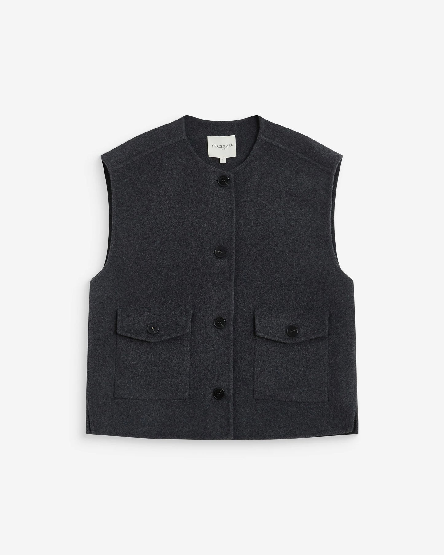A dark charcoal gray sleeveless button-up vest with two front flap pockets, displayed flat against a light gray background.