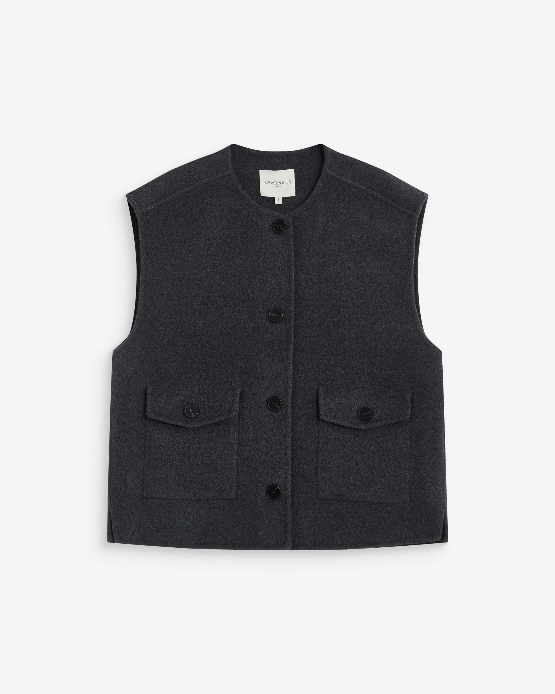 A dark charcoal gray sleeveless button-up vest with two front flap pockets, displayed flat against a light gray background.
