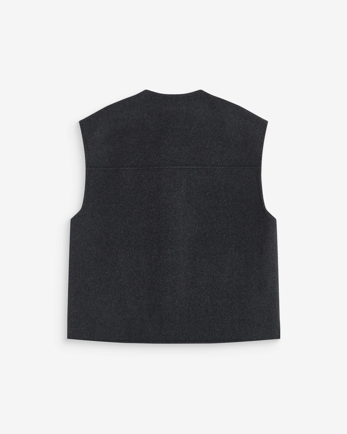 A dark charcoal gray sleeveless knit vest shown from the back, laid flat against a clean white background.