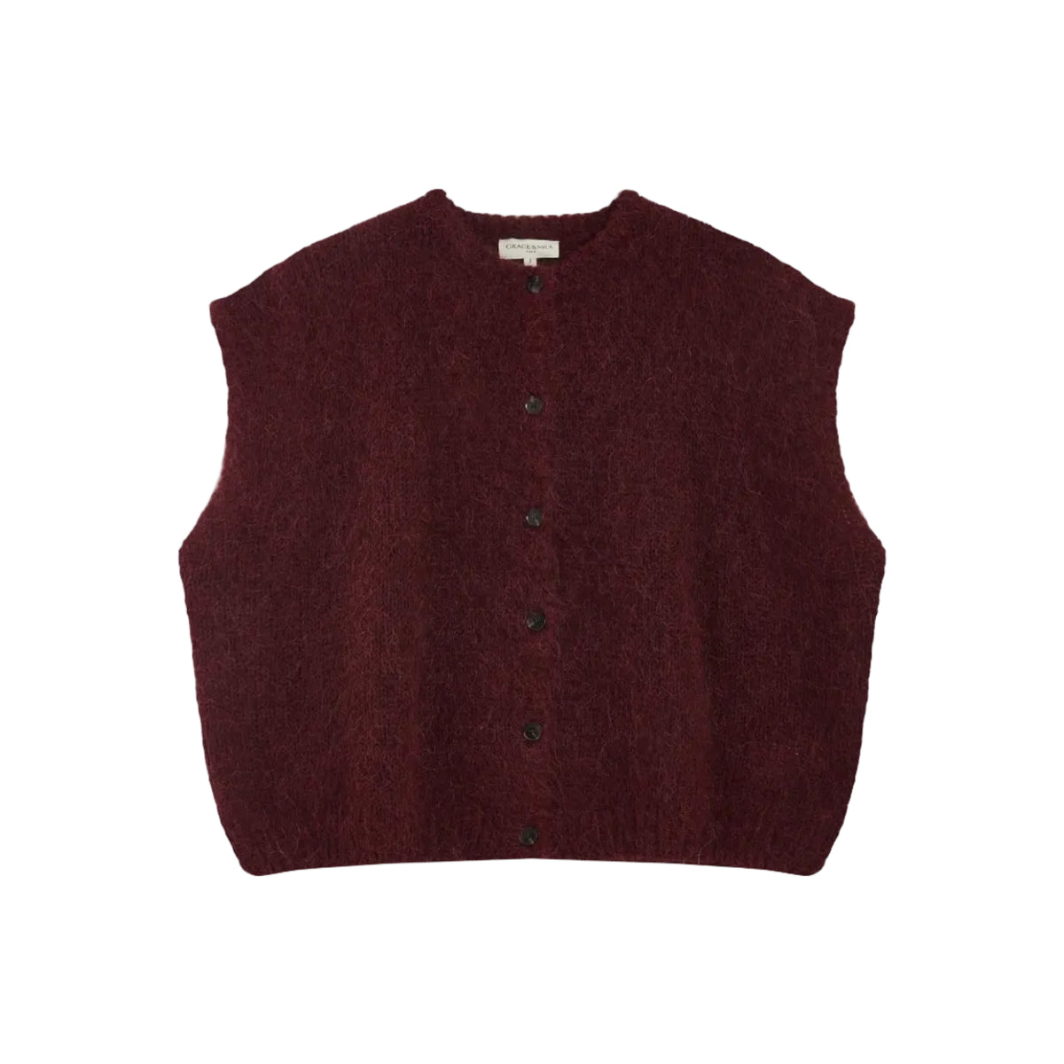 A sleeveless, cropped button-up cardigan vest in a deep burgundy knit, laid flat against a light gray background.