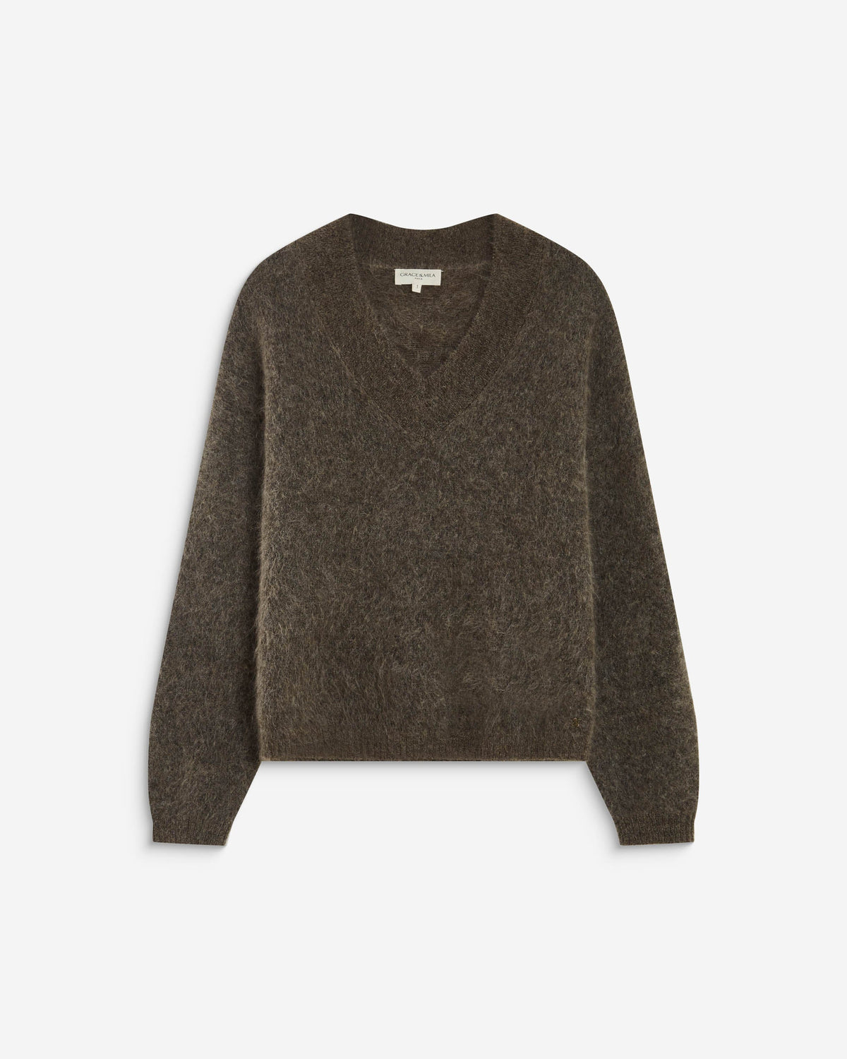 A dark brown fuzzy knit sweater with a V-neck and long sleeves, displayed flat against a light gray background.