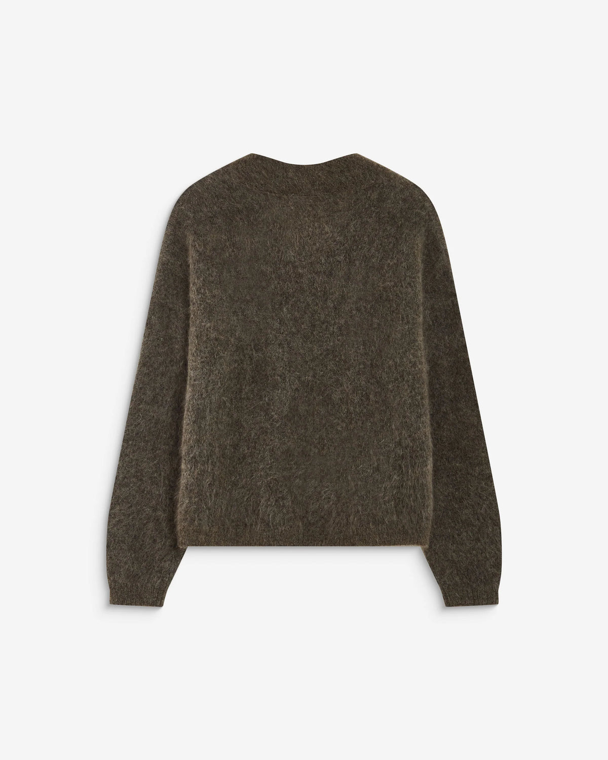 A dark brown textured knit sweater with long sleeves and a crew neck, shown from the back on a light gray background.