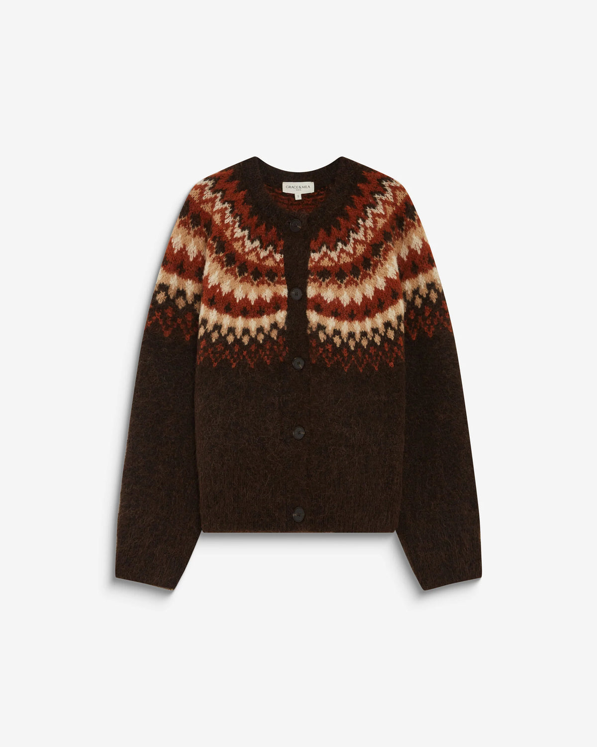 A dark brown knit cardigan sweater featuring a geometric Fair Isle pattern in rust red, beige, and brown across the yoke and shoulders, with solid dark brown sleeves and body. It has a round neckline, button-front closure, and is photographed flat against a light gray background.