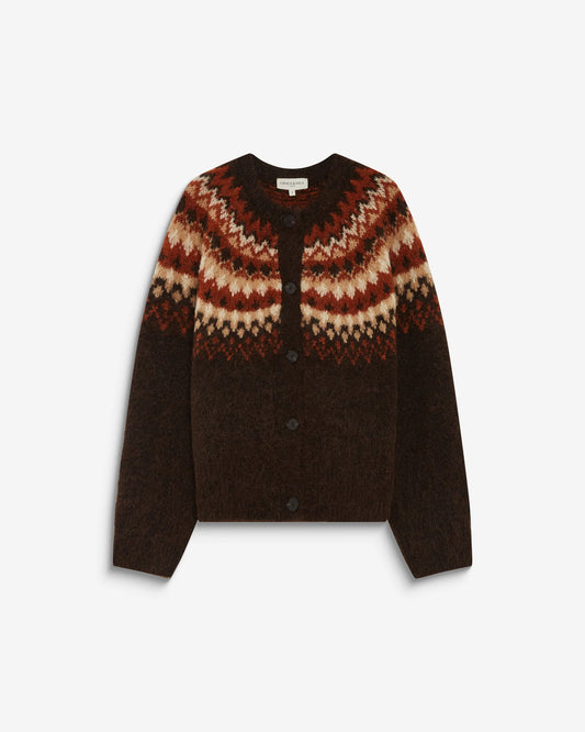 A dark brown knit cardigan sweater featuring a geometric Fair Isle pattern in rust red, beige, and brown across the yoke and shoulders, with solid dark brown sleeves and body. It has a round neckline, button-front closure, and is photographed flat against a light gray background.