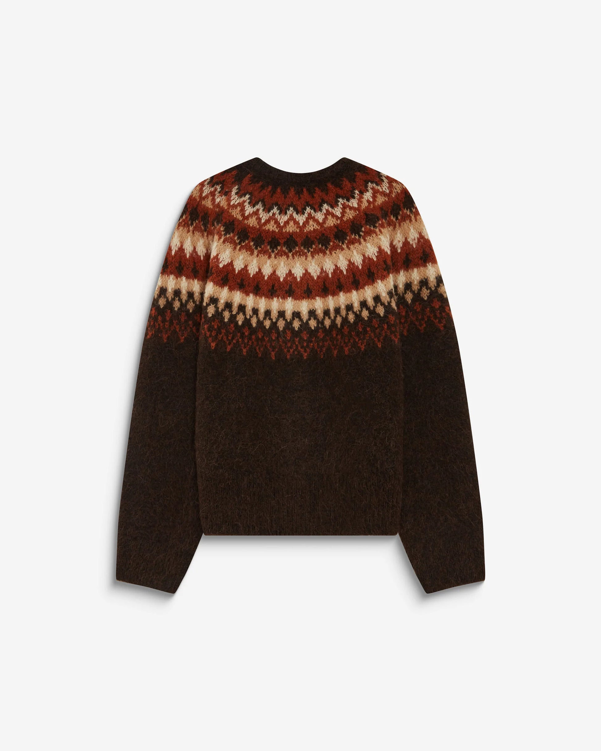 Brown sweater with a patterned neckline on a white background