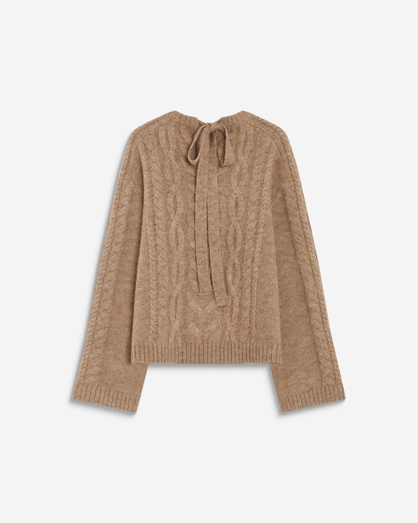 Brown sweater with a tie neckline on a white background