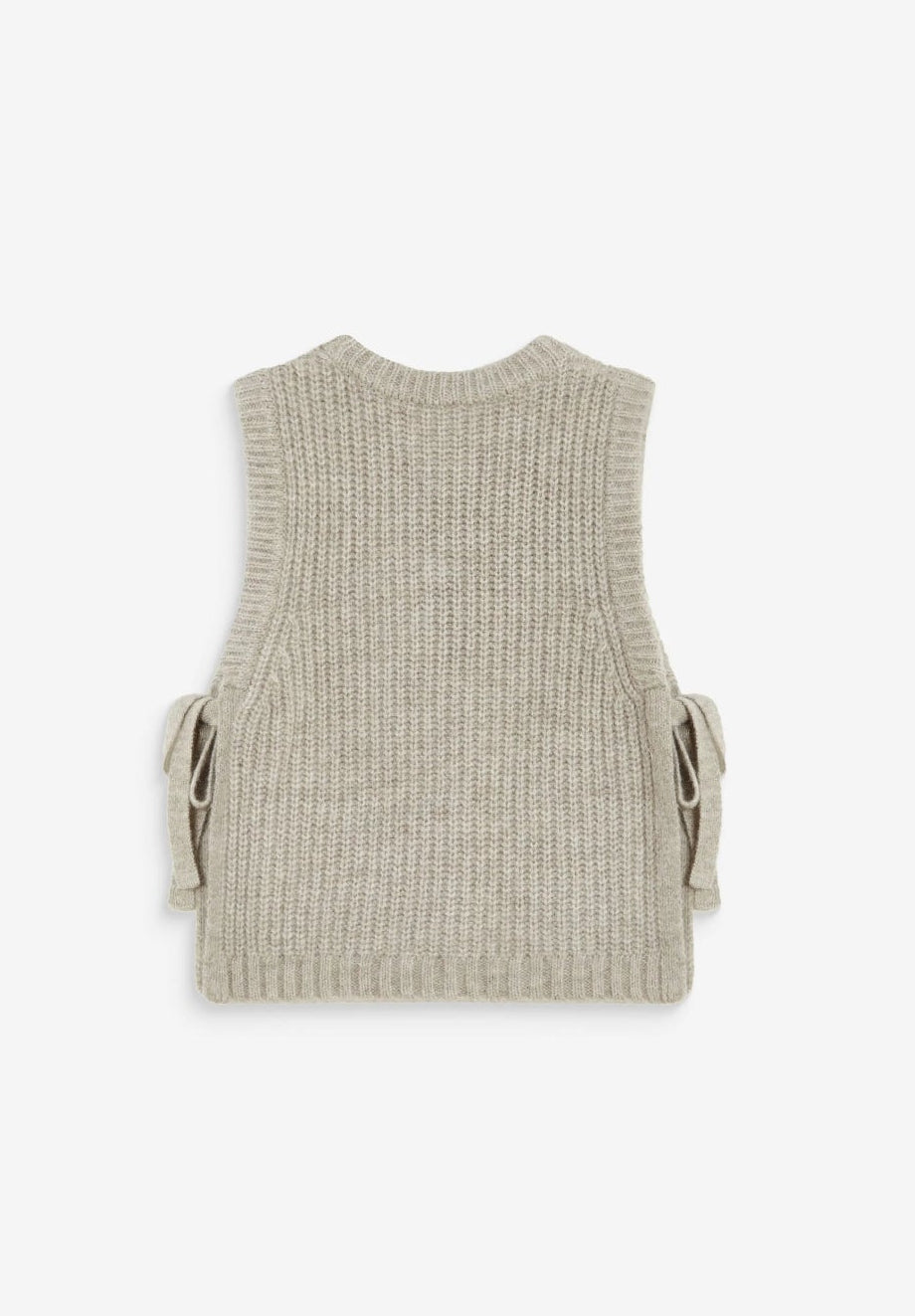 A sleeveless ribbed knit vest in a light beige or oatmeal color, shown from both front and back views on a white background. The front features the text 'GRACE & MILA' printed across the chest, and the back has side tie details.