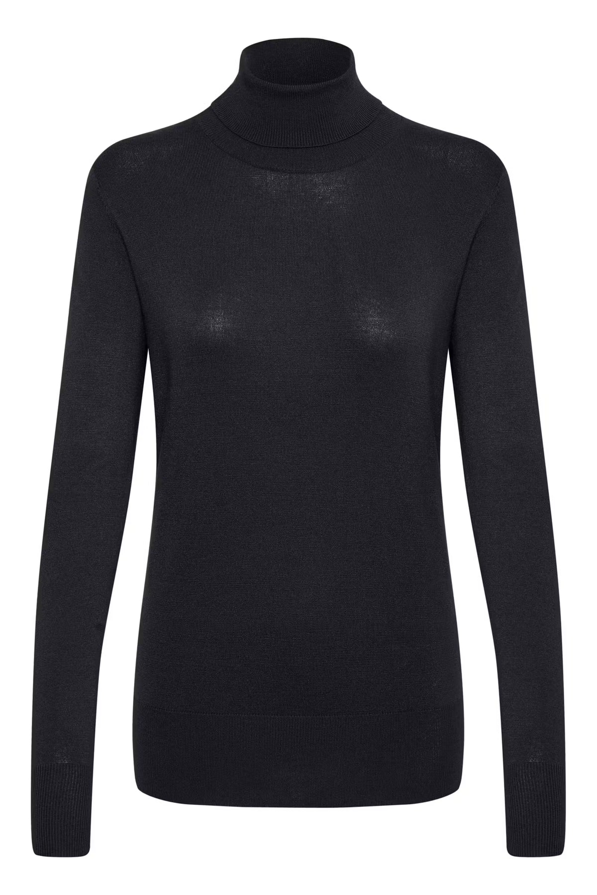 A black long-sleeve turtleneck sweater displayed on a ghost mannequin against a plain white background.