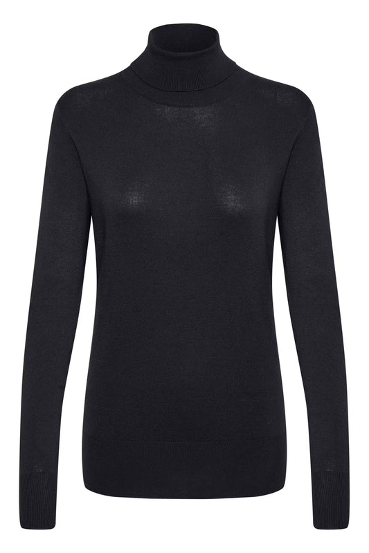 A black long-sleeve turtleneck sweater displayed on a ghost mannequin against a plain white background.