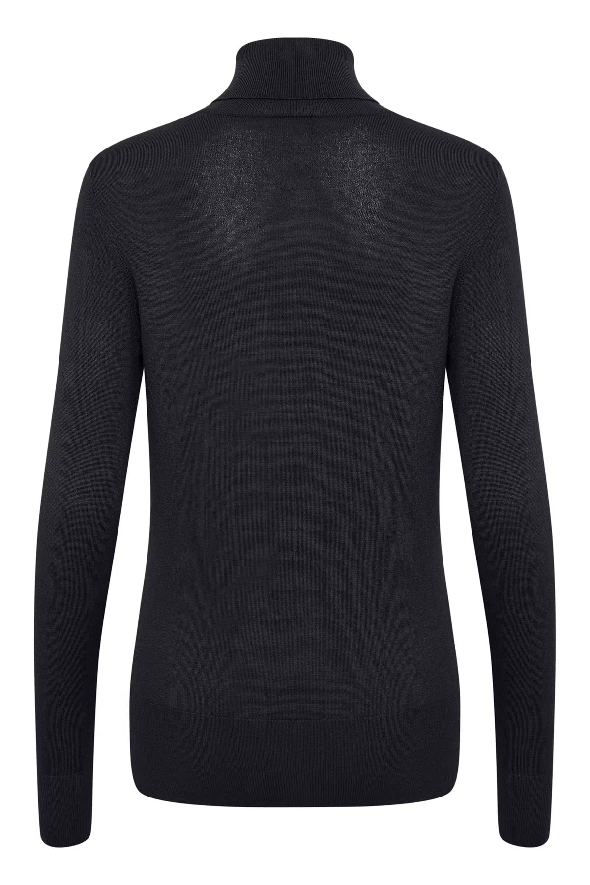 A black long-sleeve turtleneck sweater shown from the back, displayed on an invisible mannequin against a plain white background.