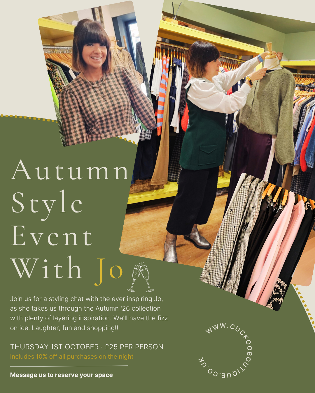 Promotional flyer for an Autumn Style Event with Jo, featuring two photos of a woman in a clothing boutique, a green background with event text, and a row of colorful layered clothing on a hanger.