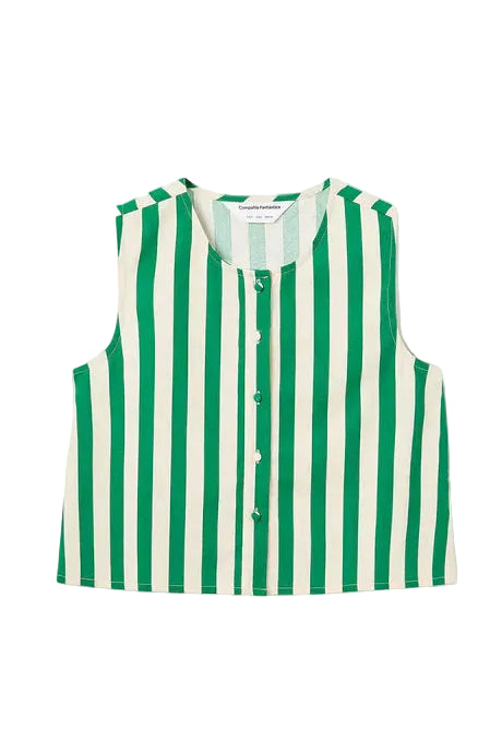 Green and white striped sleeveless shirt on a light beige background