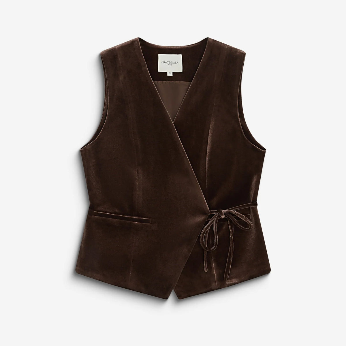 A dark brown velvet wrap vest with a tie waist and front pockets, displayed flat against a light gray background.