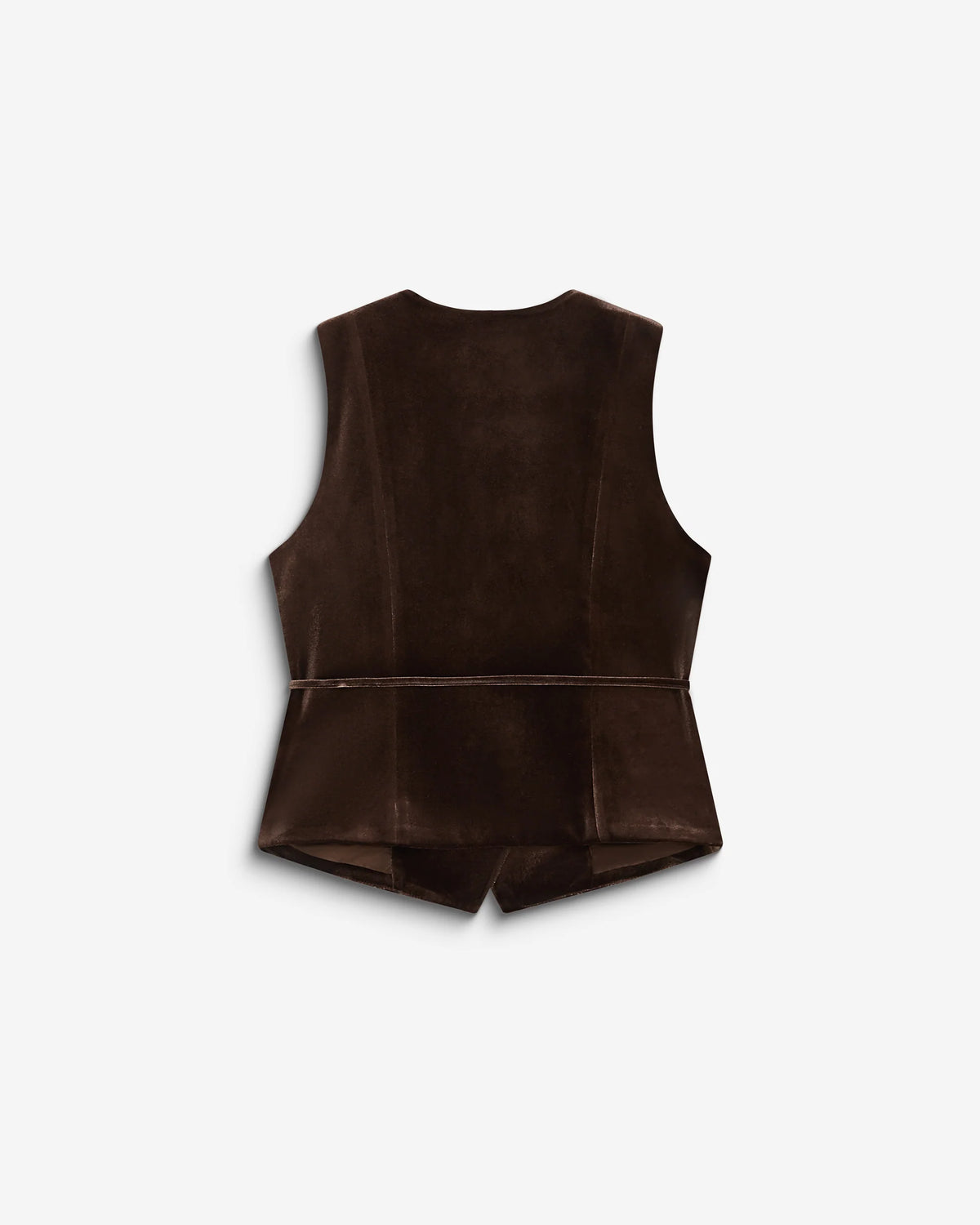 A dark brown sleeveless vest with a structured, peplum-like waist and a thin waistband detail, shown from the back on a light gray background.