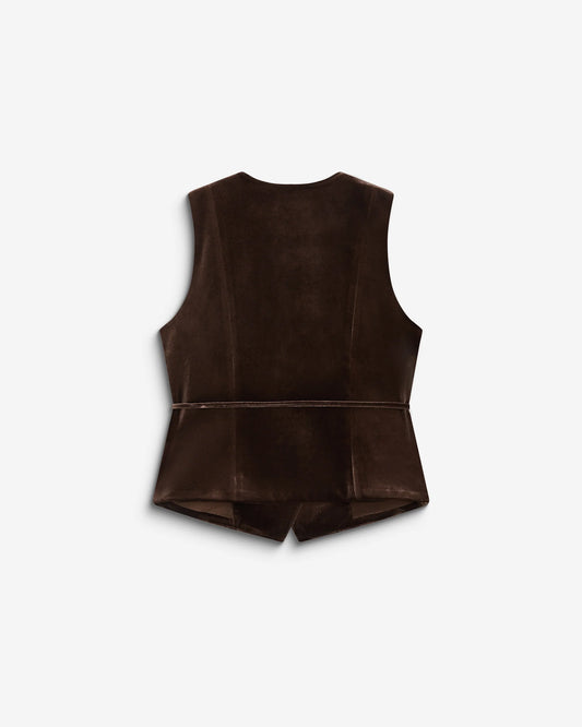 A dark brown sleeveless vest with a structured, peplum-like waist and a thin waistband detail, shown from the back on a light gray background.