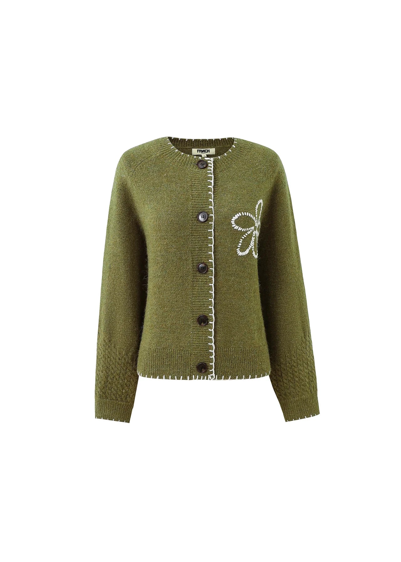 Green knitted cardigan with button details on a white background
