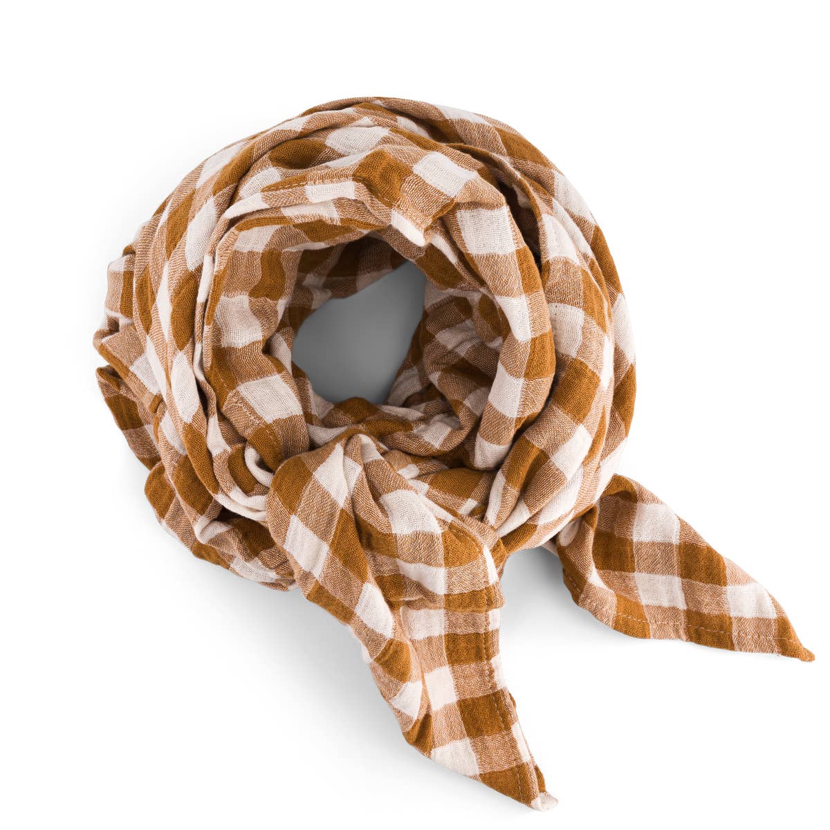 Brown and white checkered scarf on a white background