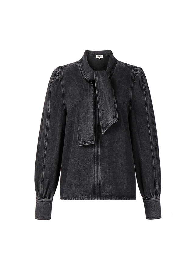 Black denim jacket with a scarf on a white background