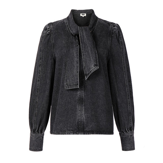 Black denim jacket with a scarf on a white background