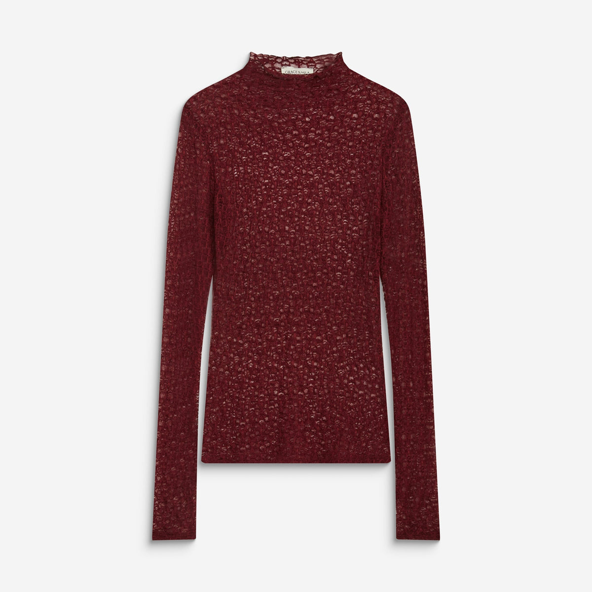 A long-sleeve mock neck knit sweater in a deep burgundy red, featuring a textured open-knit pattern, shown against a plain light gray background.