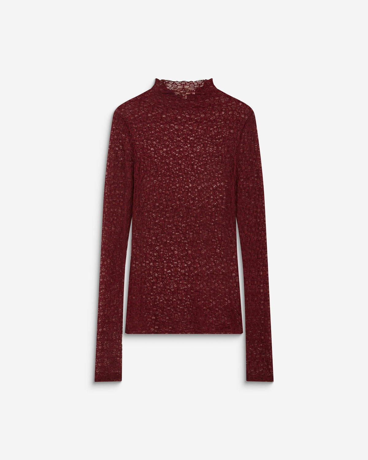 A long-sleeve mock neck knit top in a deep burgundy red, featuring a textured open-knit pattern, shown against a plain light gray background.