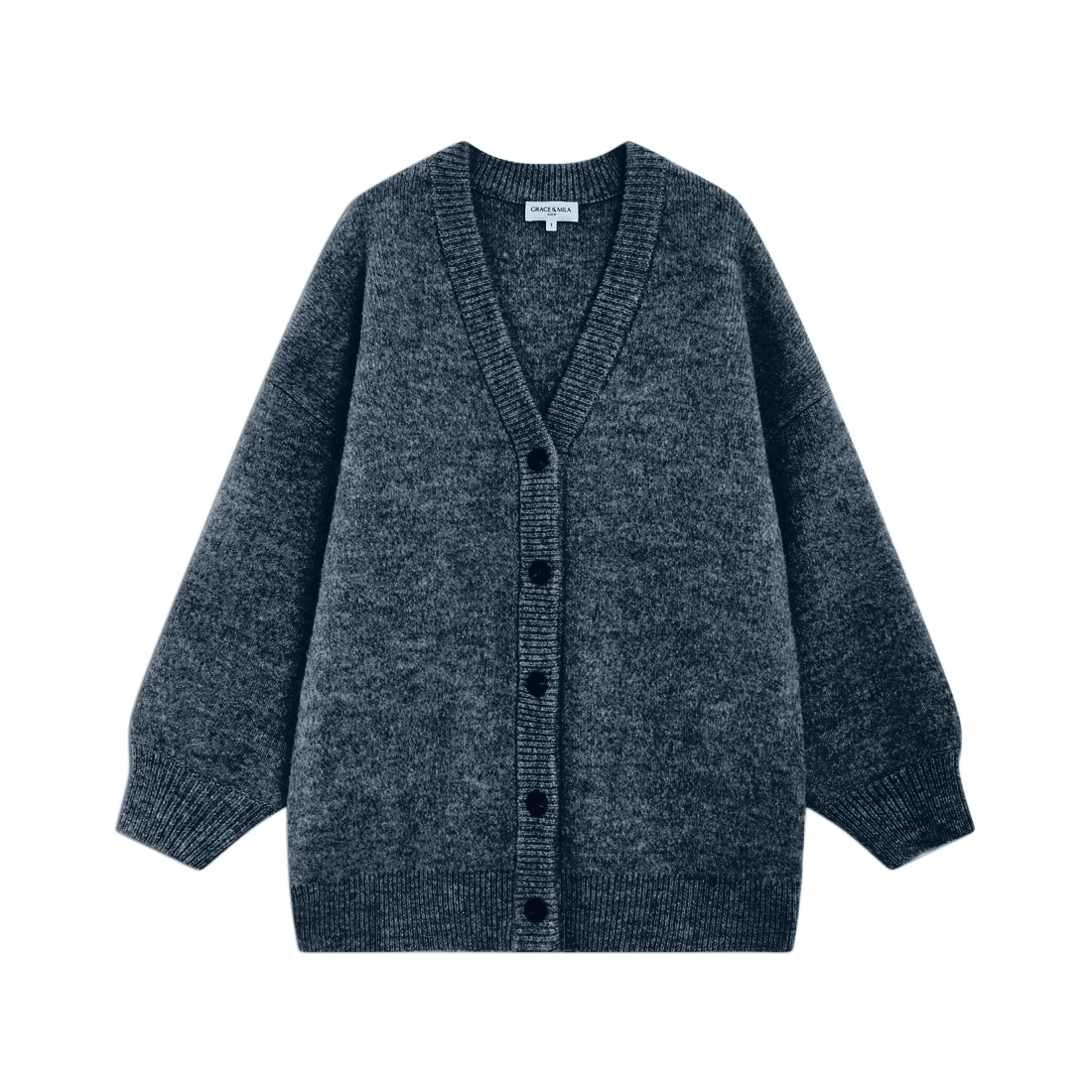 A dark heather gray knit cardigan sweater with a V-neck, long sleeves, and a button-up front, shown flat against a solid white background.