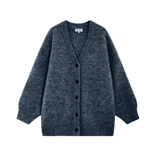 A dark heather gray knit cardigan sweater with a V-neck, long sleeves, and a button-up front, shown flat against a solid white background.