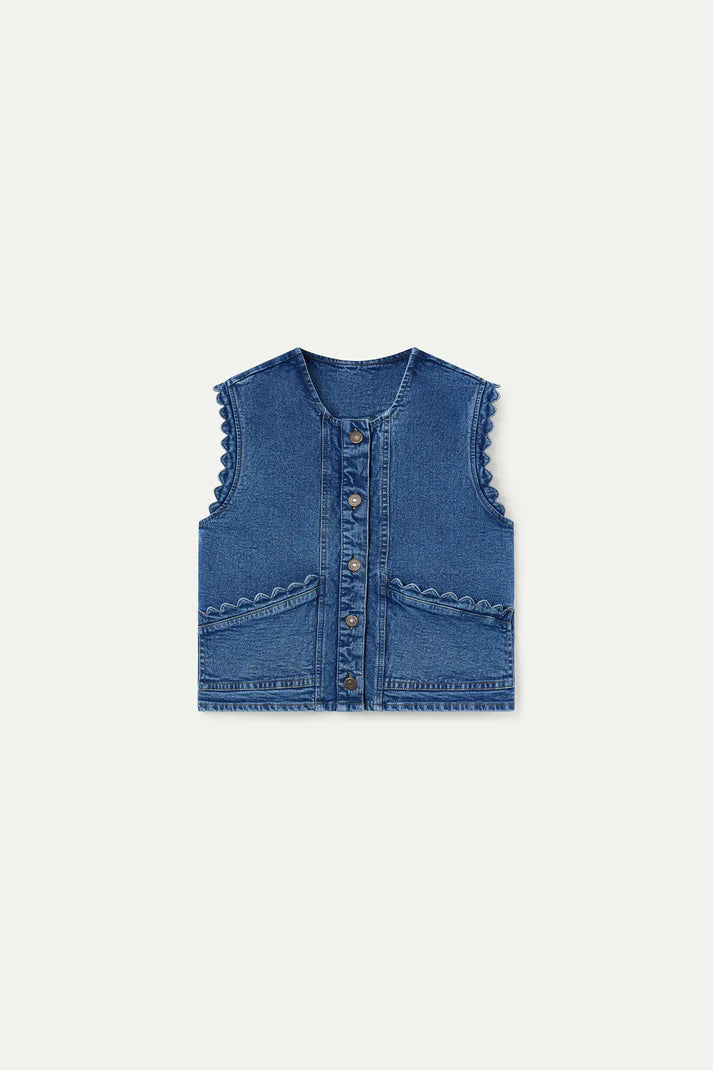 blue denim vest on white background