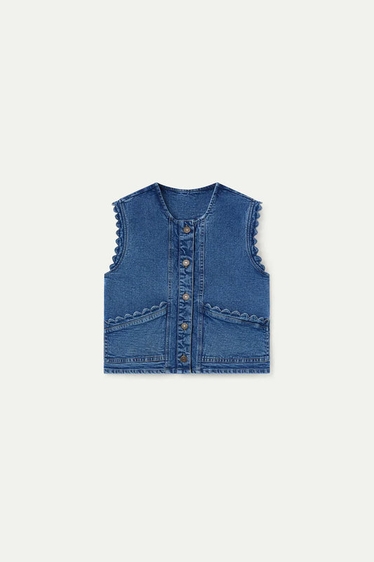 blue denim vest on white background