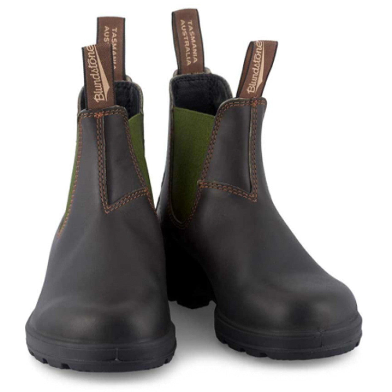 Pair of black rubber boots with brown accents on a white background