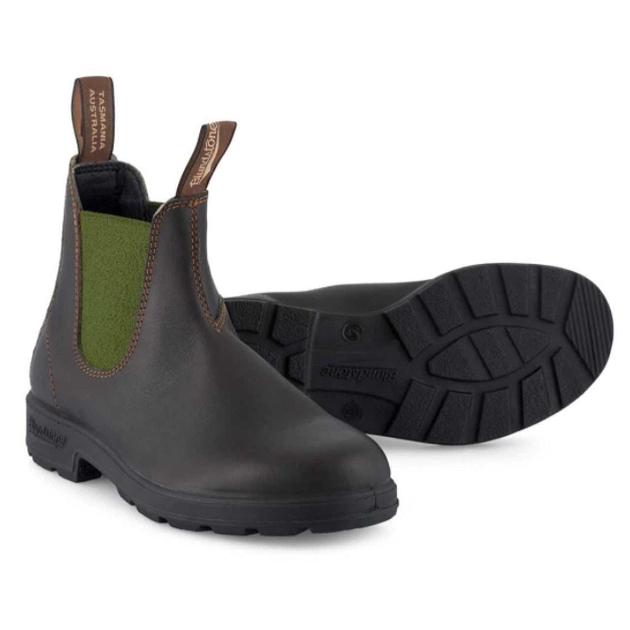 Pair of black rubber boots with green accents on a white background