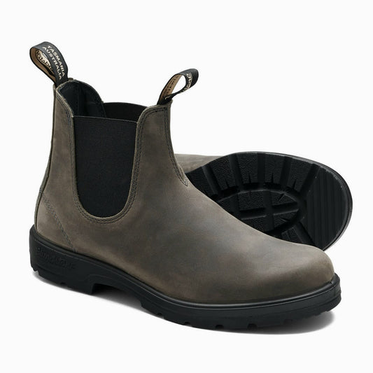 Gray Chelsea boot with black sole on a white background