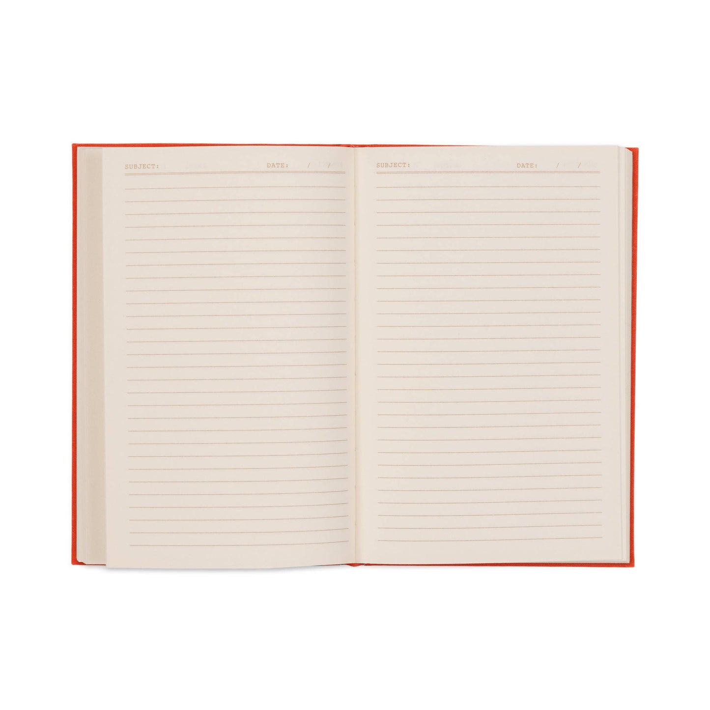 Open notebook with red binding on a white background