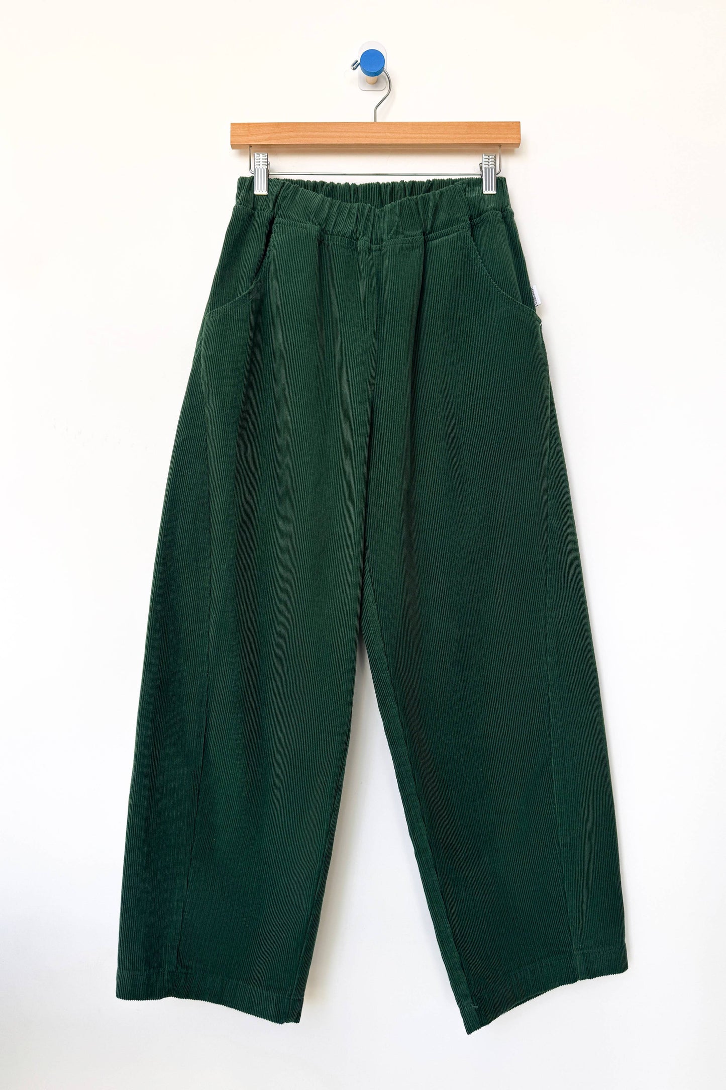 Green pants hanging on a wooden hanger against a white background
