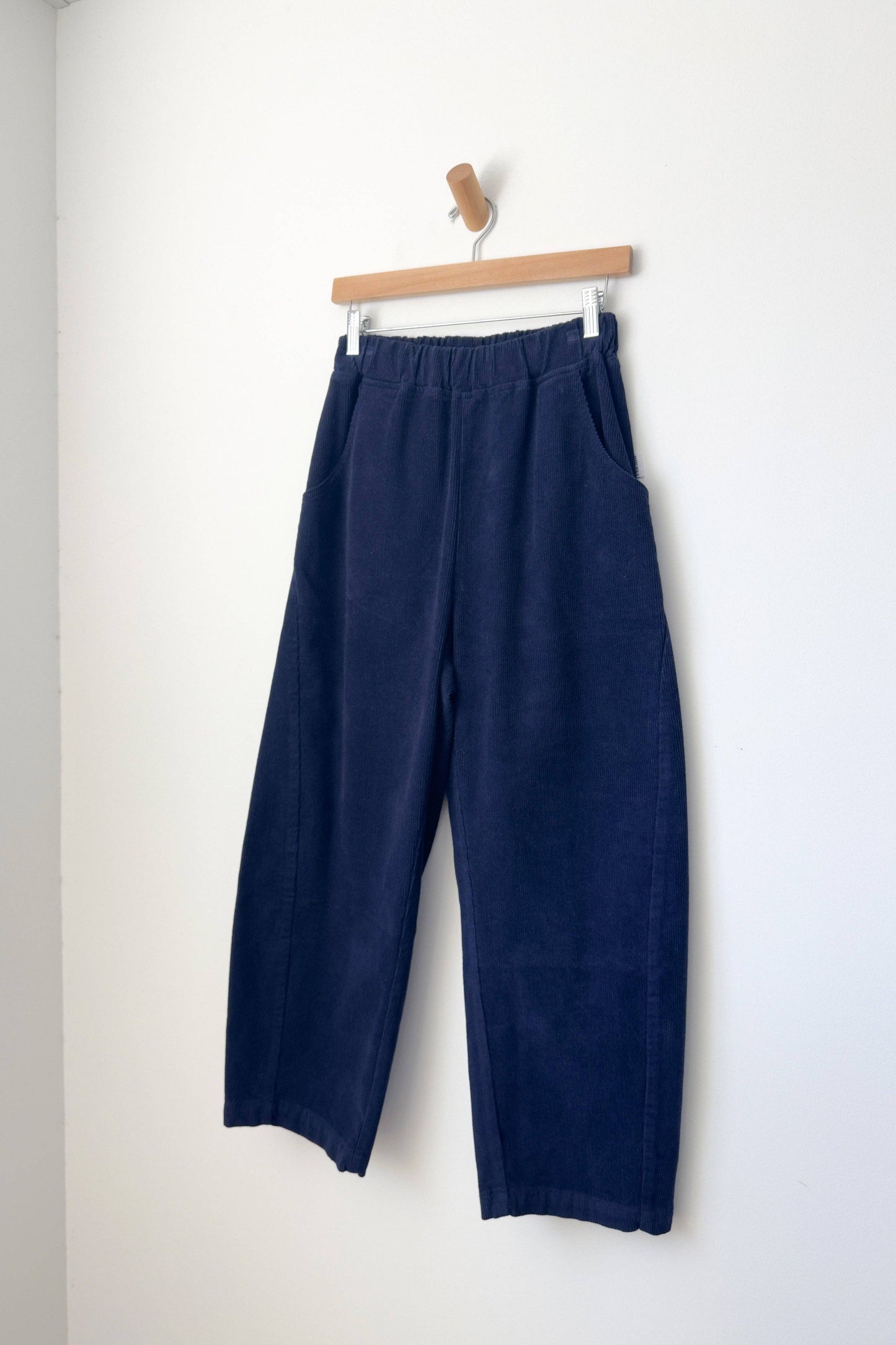 Navy blue pants hanging on a wooden hanger against a white background
